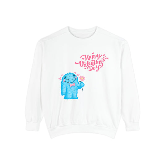 Unisex Valentine's Day Sweatshirt With a Blue Yeti Monster Character Holding a Pink Flower and Caption Happy Valentine's Day