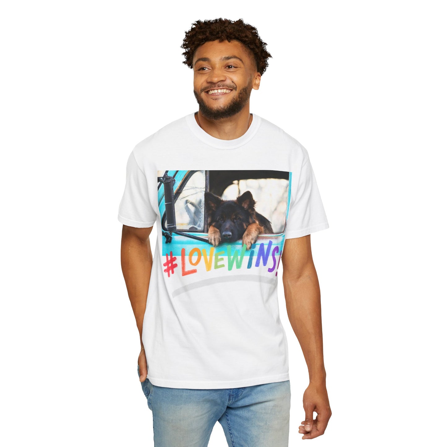 Unisex T-Shirt With German Shepherd Puppy Putting His Head and Front Legs On The Truck Seat's Window and Caption Love Wins