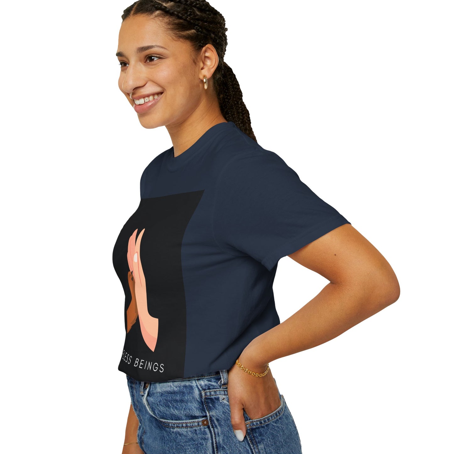 Unisex Dog Lover T-Shirt With Graphic of Human Hand Touching Dog's Paw and Selfless Beings Caption Below