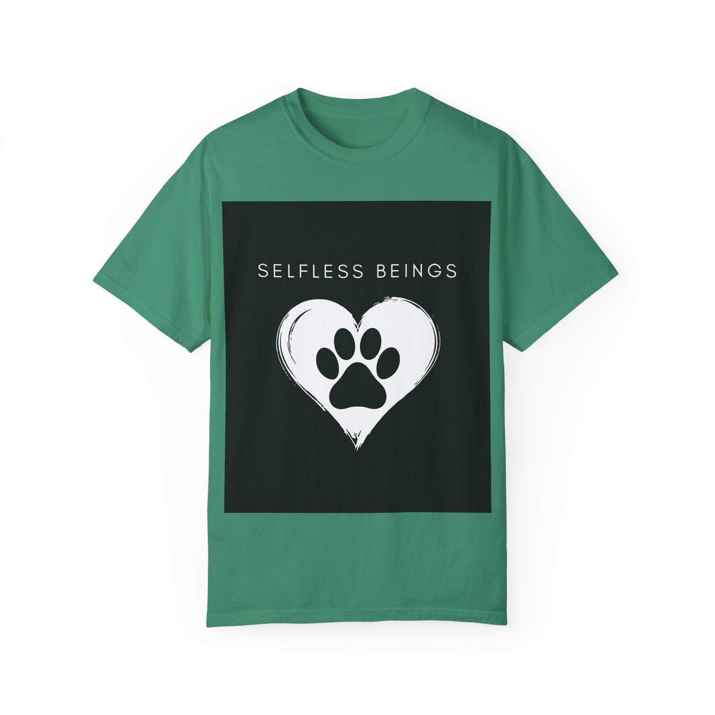 Unisex Dog Lover T-Shirt With Black Paw Print of a Dog Inside a White Heart and Caption Selfless Beings