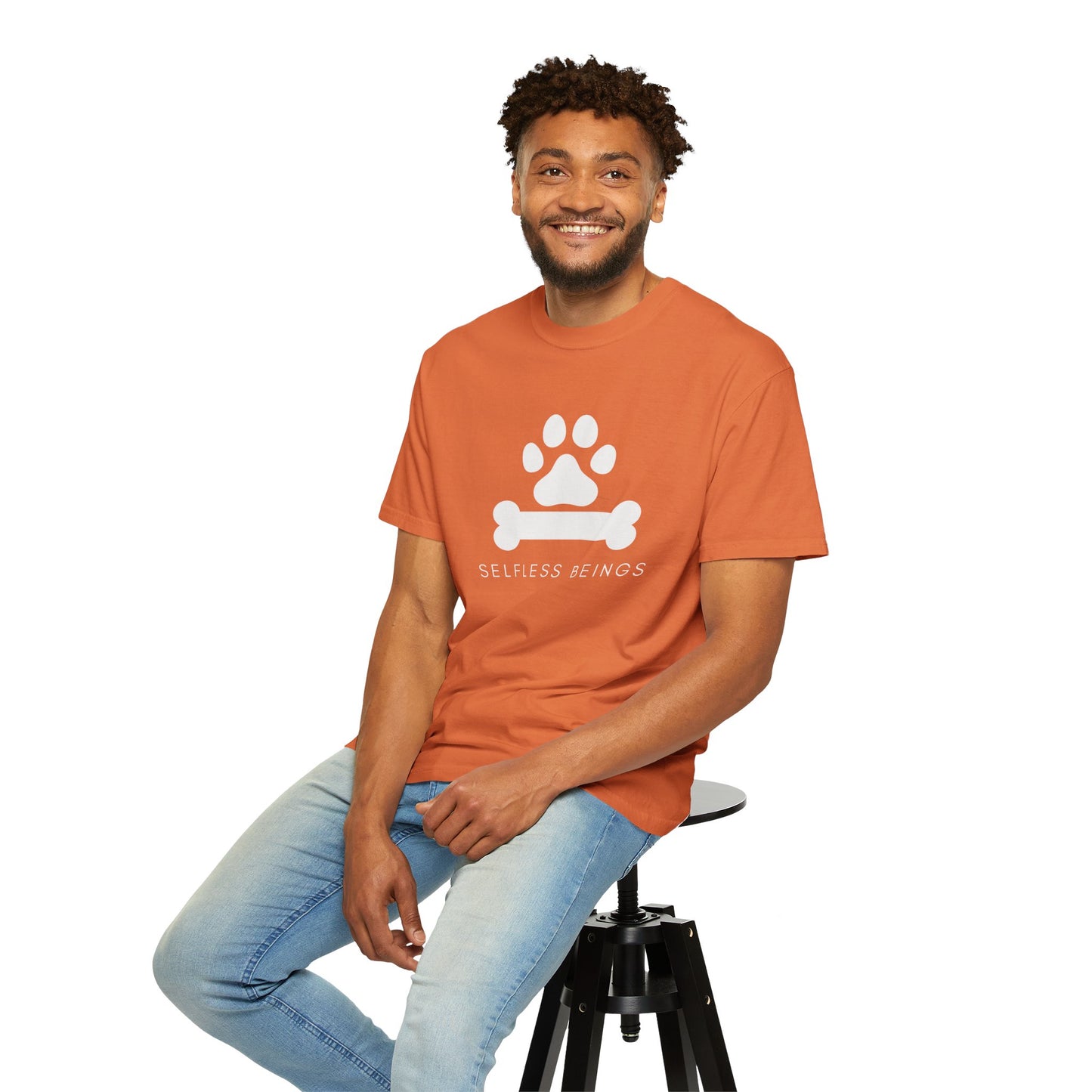 Unisex Dog Lover T-Shirt With Graphic of Dog Bone and Paw and Caption Selfless Beings