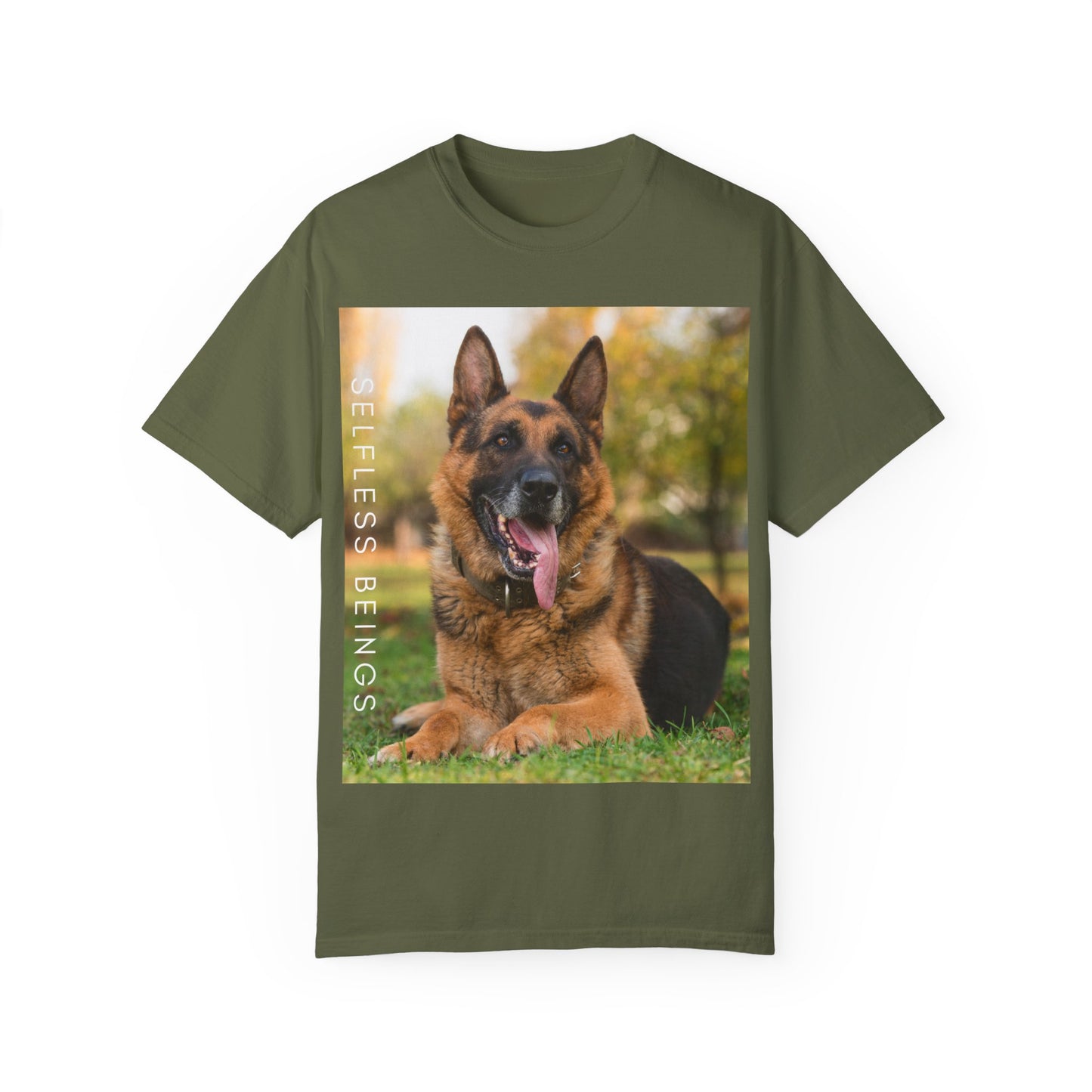 Unisex Dog Lover T-Shirt With Giant German Shepherd Relaxing on the Grass Leaving Tongue Out and Caption Selfless Beings