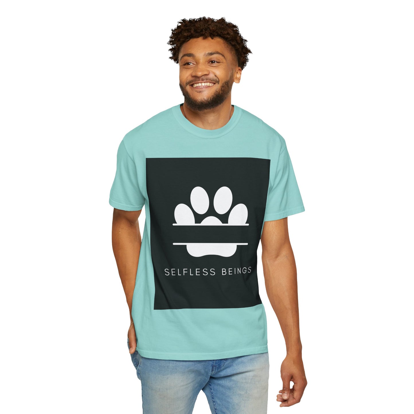 Unisex Dog Lover T-Shirt With Design of Dog's White Paw Print Whose Metacarpal is Split and Caption Selfless Beings