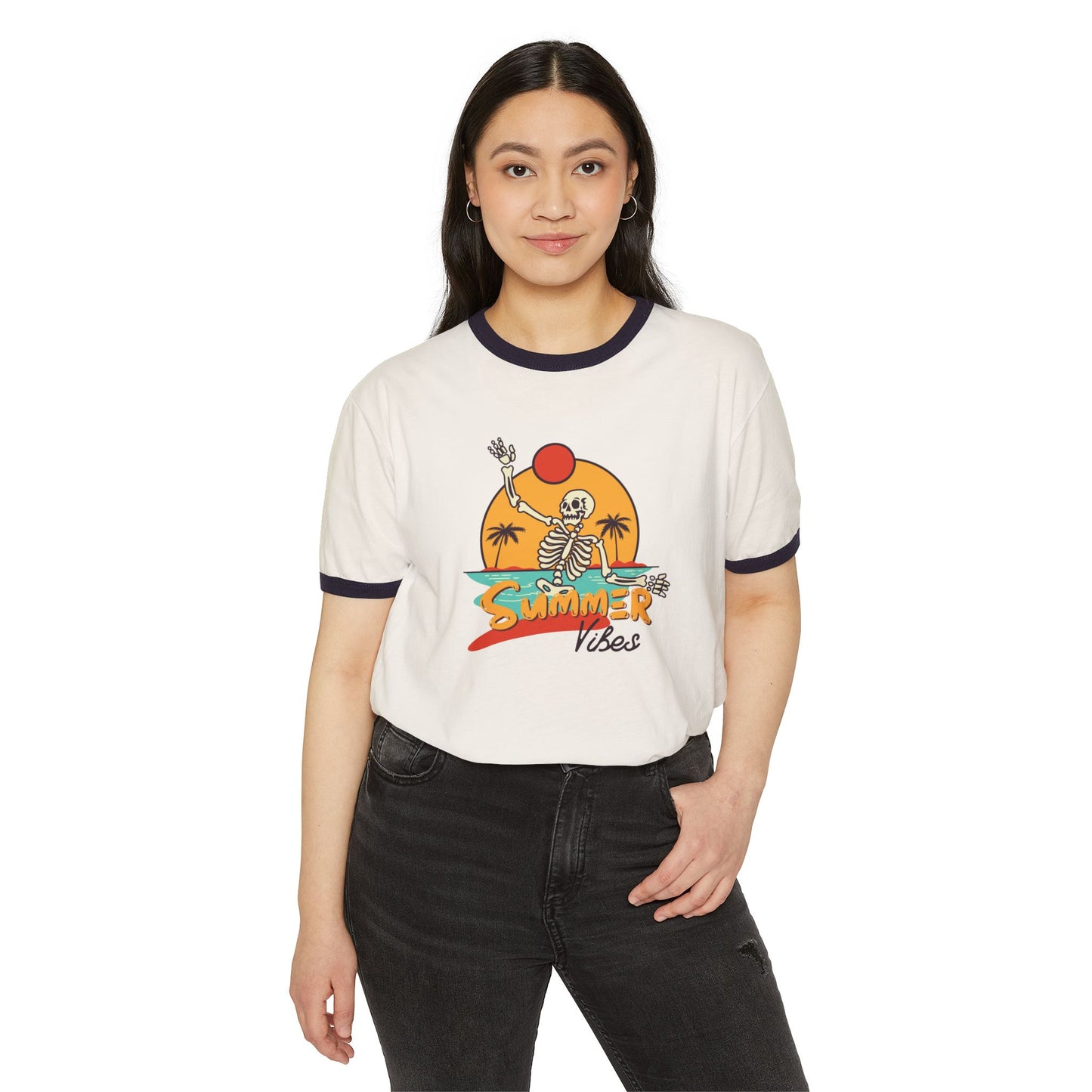Retro Summer Ringer T-Shirt, Vintage Beach Tee, Skeleton Graphic Shirt, Unisex Casual Wear, Perfect for Summer Vibes