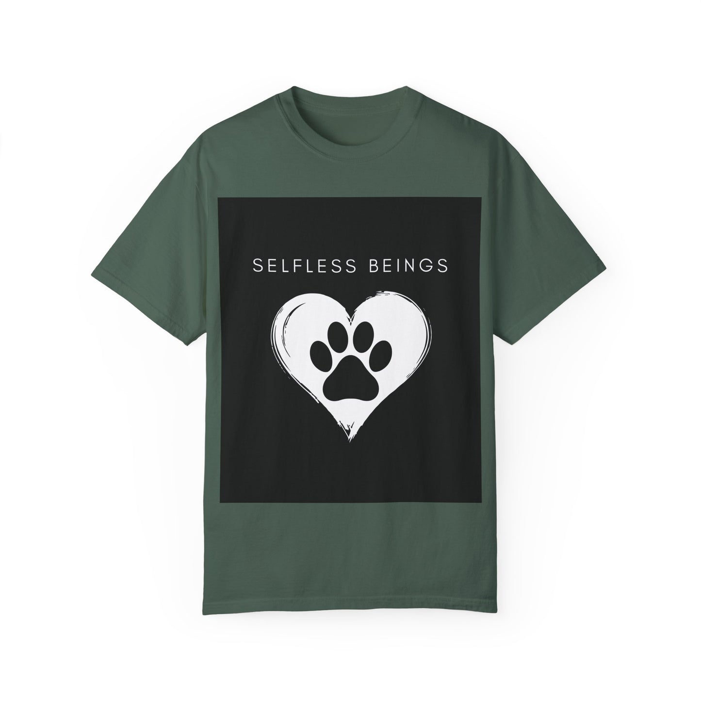 Unisex Dog Lover T-Shirt With Black Paw Print of a Dog Inside a White Heart and Caption Selfless Beings