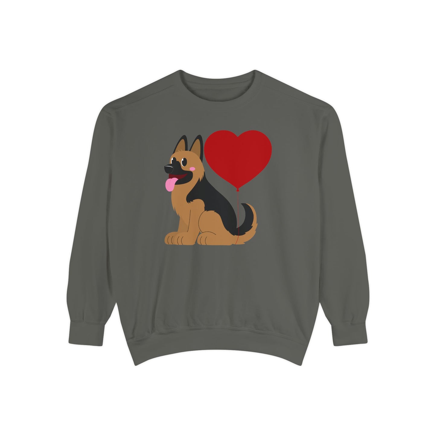 Unisex Dog Lover Sweatshirt With a Graphic of German Shepherd Puppy and Heart Shaped Balloon Attached With Tail