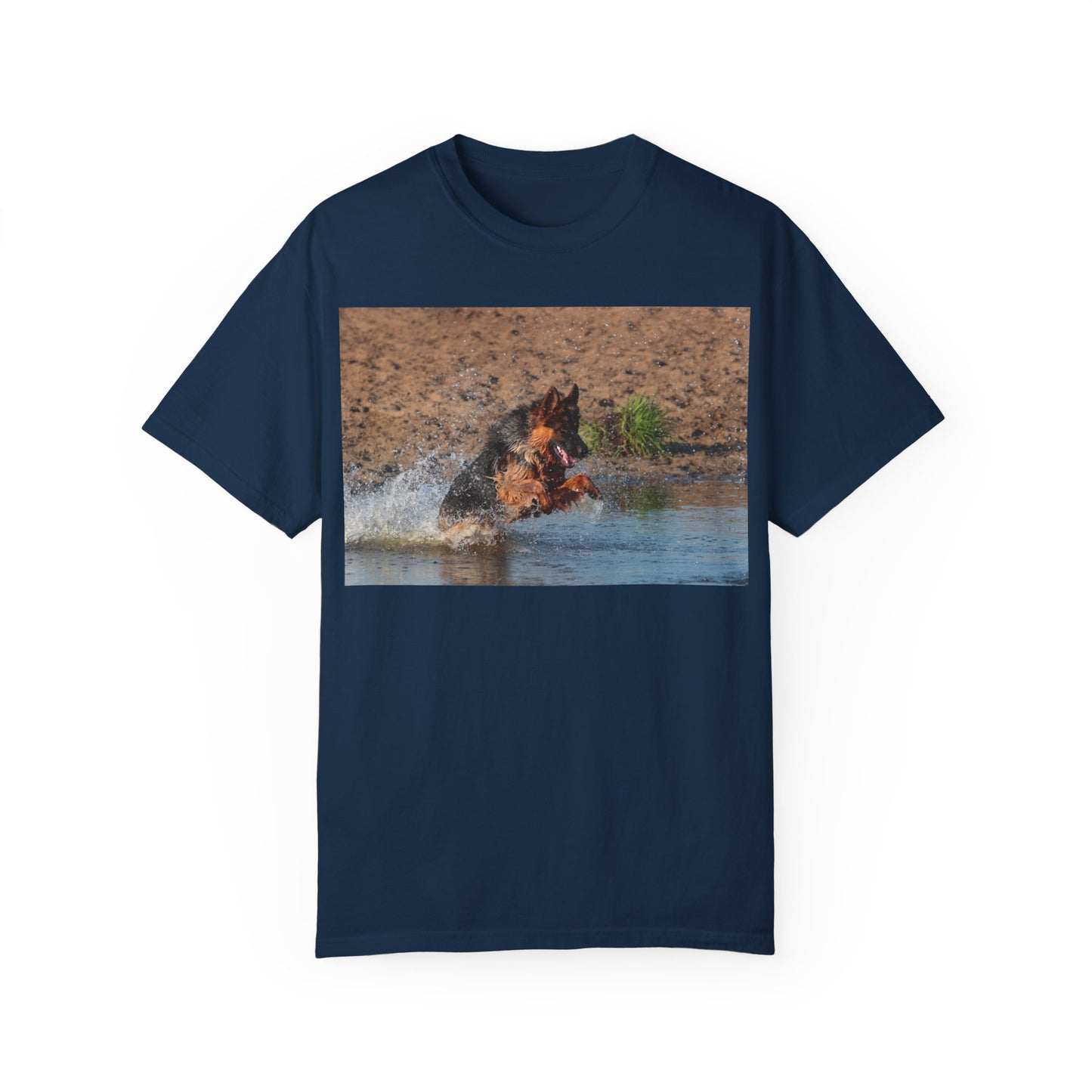 Unisex Dog Lover T-Shirt With Giant German Shepherd Jumps in the River