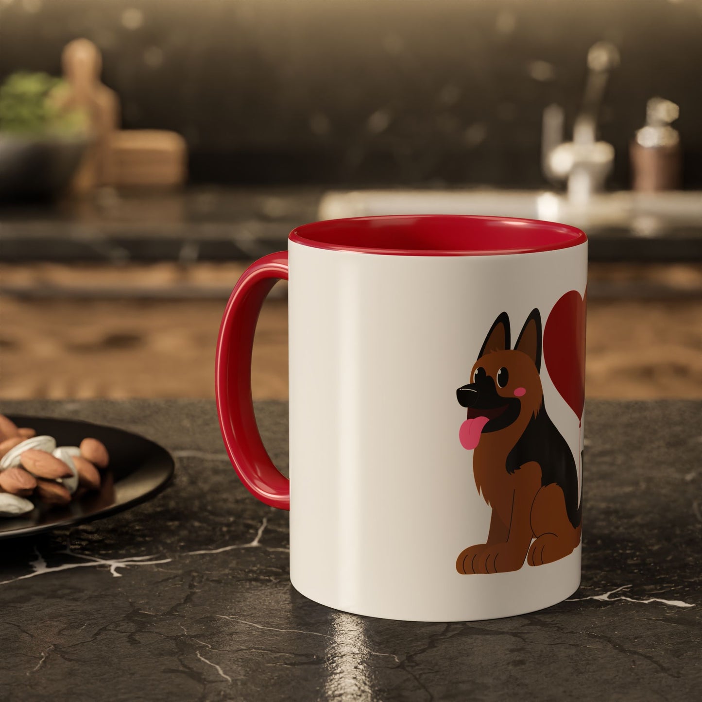 Glossy Ceramic Dog Lover Mug With a Graphic of German Shepherd Puppy and Heart Shaped Balloon Attached With Tail