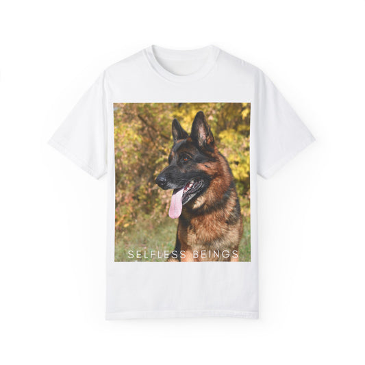 Unisex Dog Lover T-Shirt With a German Shepherd Protecting a Territory and Caption Selfless Beings