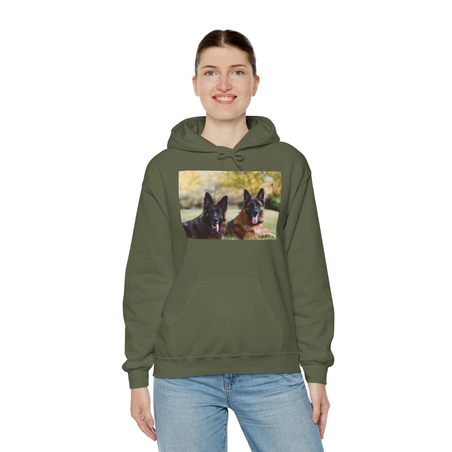 A Unisex Dog Lover Hoodie With Two German Shepherds Lying On The Ground Leaving Tongues Out