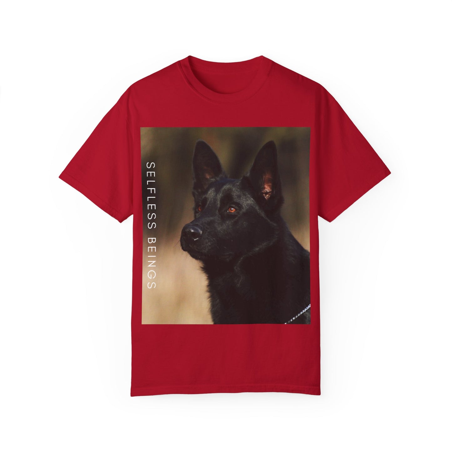 Unisex Dog Lover T-Shirt With Close Up of Serious Looking Solid Black German Shepherd and Caption Selfless Beings