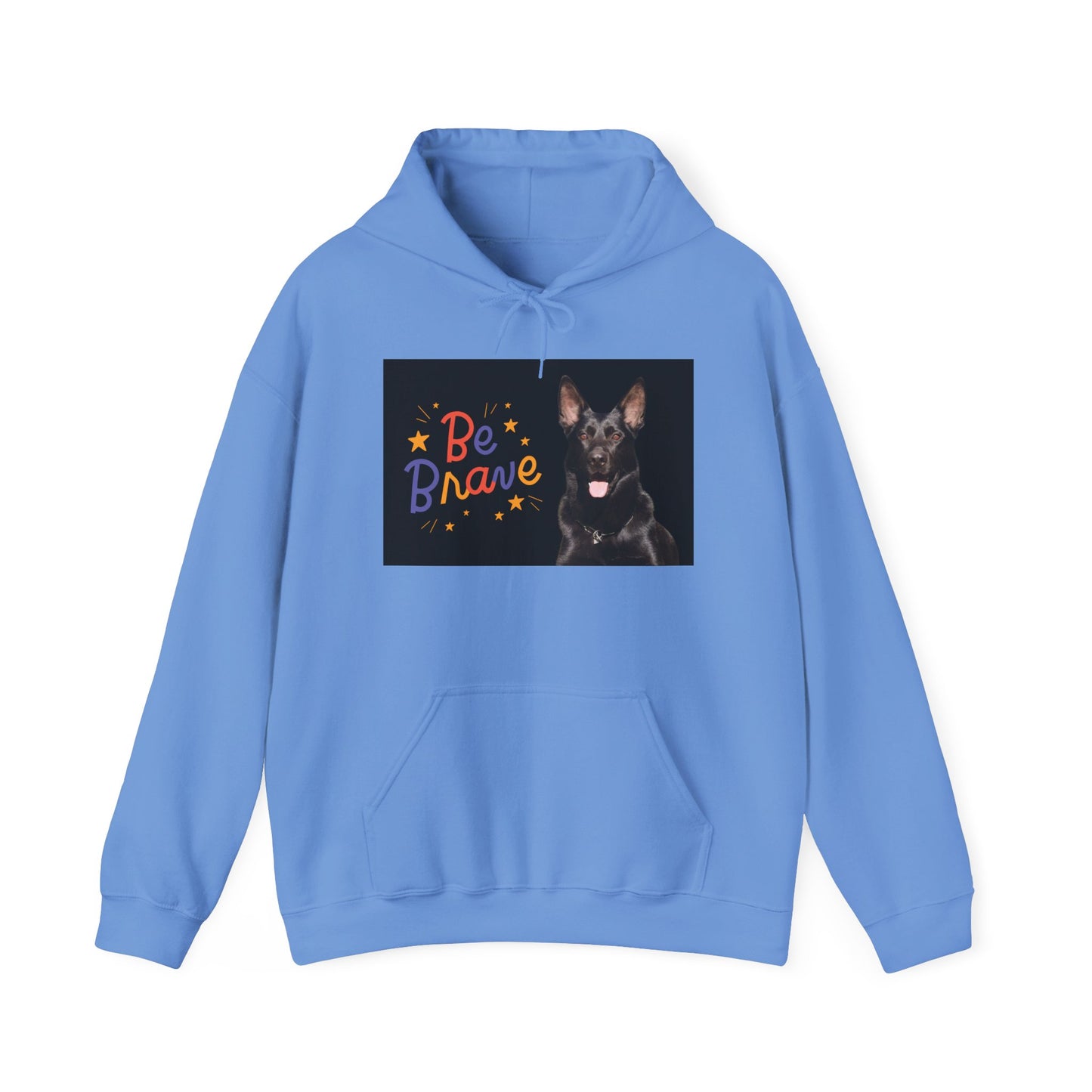 A Unisex Dog Lover Hoodie With Close Up of Solid Black German Shepherd and Caption Be Brave