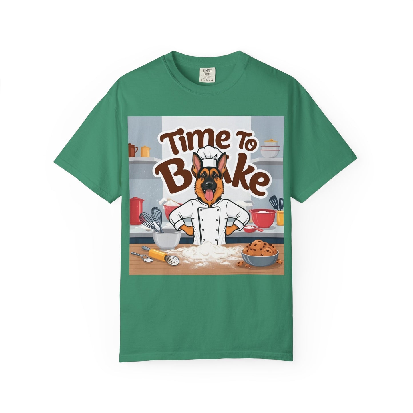 Unisex Dog Lover T-Shirt With Graphic of German Shepherd Wearing Chef Suit and Caption Time To Bake