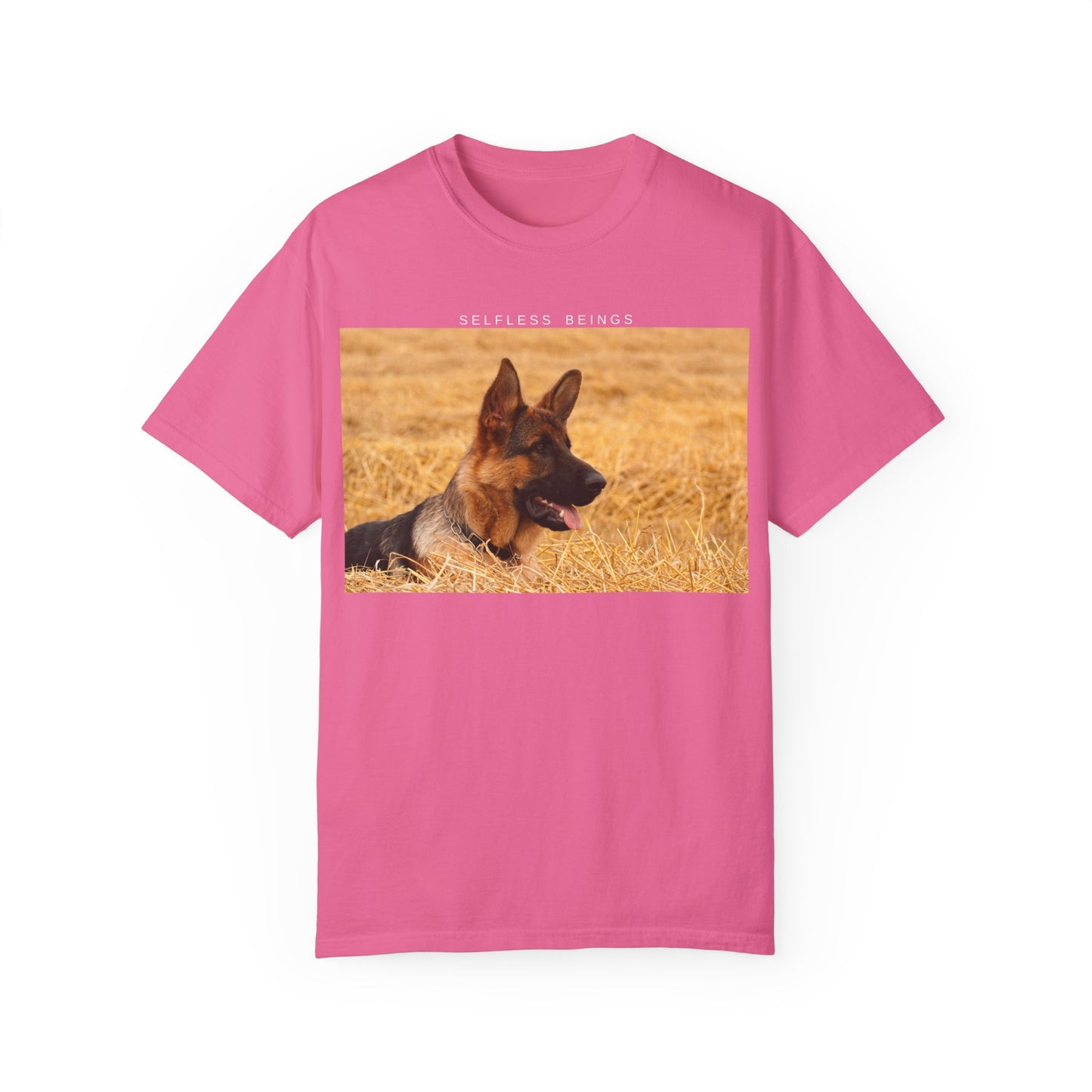 Unisex Dog Lover T-Shirt With a German Shepherd Relaxing on the Long Dry Grass and Caption Selfless Beings