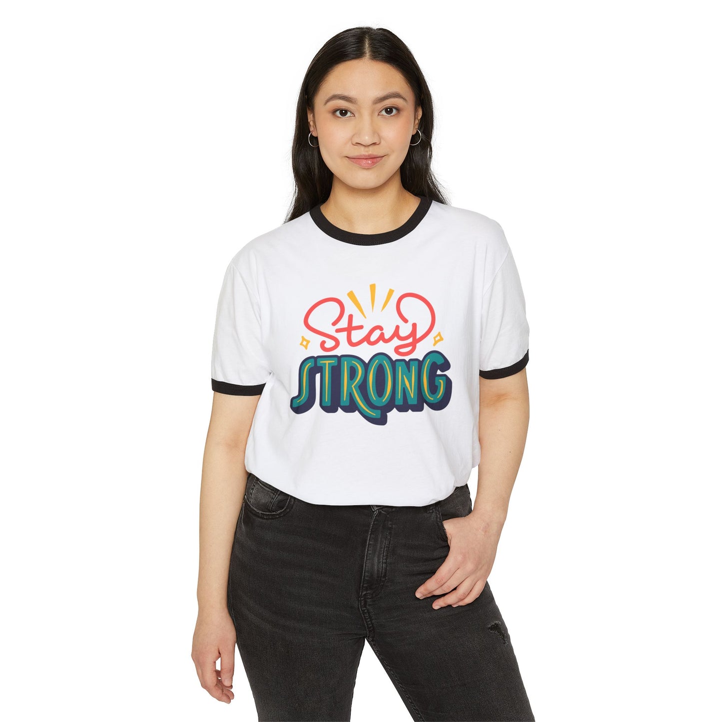 Stay Strong Unisex Cotton Ringer T-Shirt | Motivational Apparel, Gift for Friends, Positive Vibe Shirt, Casual Wear, Mental Health Awareness