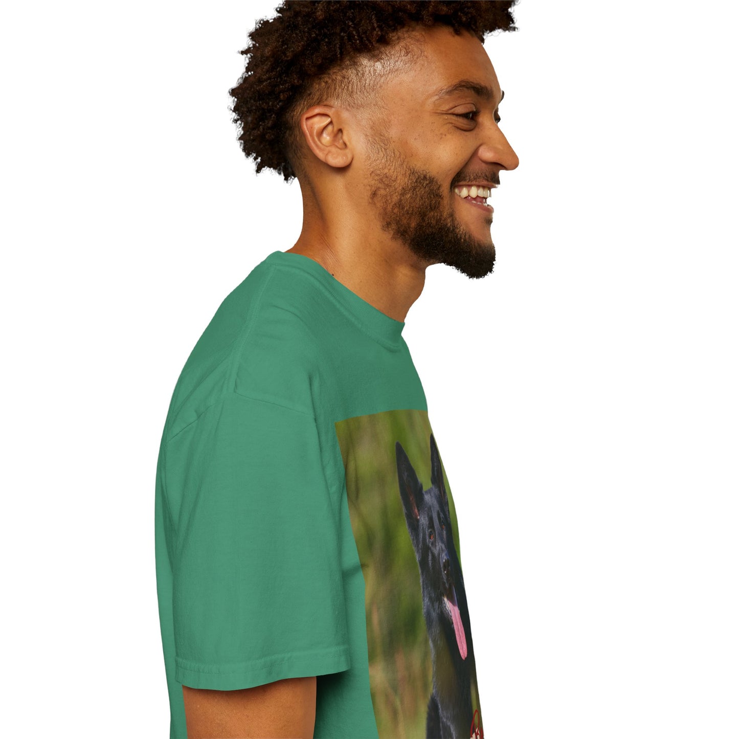 Unisex Dog Lover T-Shirt With Black German Shepherd Resting on the Grass Leaving Tongue Out and Caption Selfless Beings