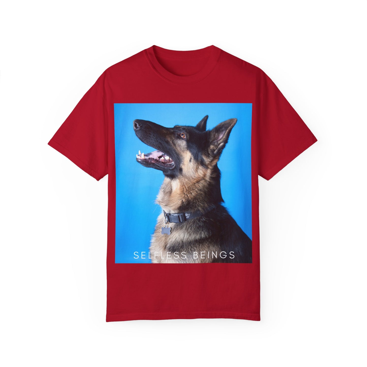 Unisex Dog Lover T-Shirt With Close Up Portrait of German Shepherd from Side Angle, Having Blue Background and Caption Selfless Beings
