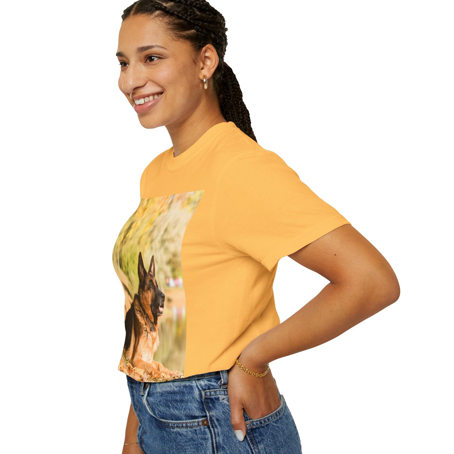 Unisex Dog Lover T-Shirt With a German Shepherd Resting in the Autumn Park on Leaves Near a Pond and Caption Selfless Beings