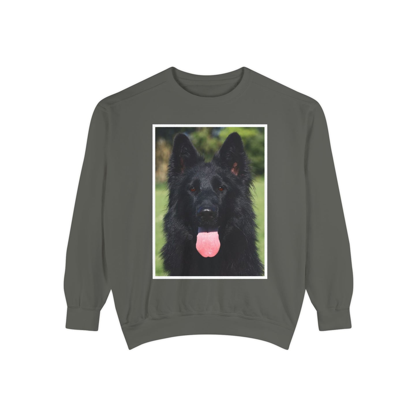 Unisex Dog Lover Sweatshirt With a Close Up of Solid Black German Shepherd Leaving Hanging Tongue