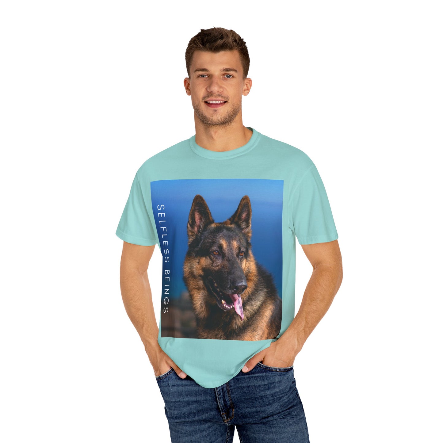 Unisex Dog Lover T-Shirt With Close Up of German Shepherd, Blue Sea in the Background and Caption Selfless Beings