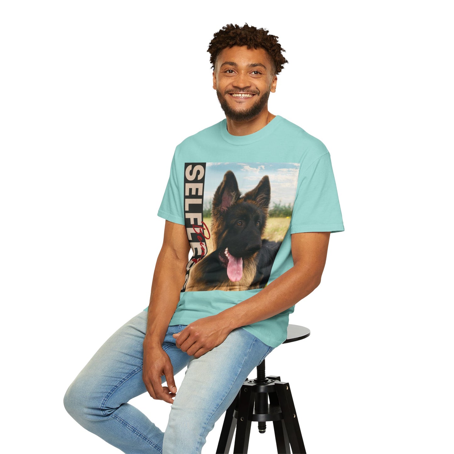 Unisex Dog Lover T-Shirt With Young Long Coat German Shepherd Looking Sideways Leaving Tongue Out and Caption Selfless Beings Written With Beige Red