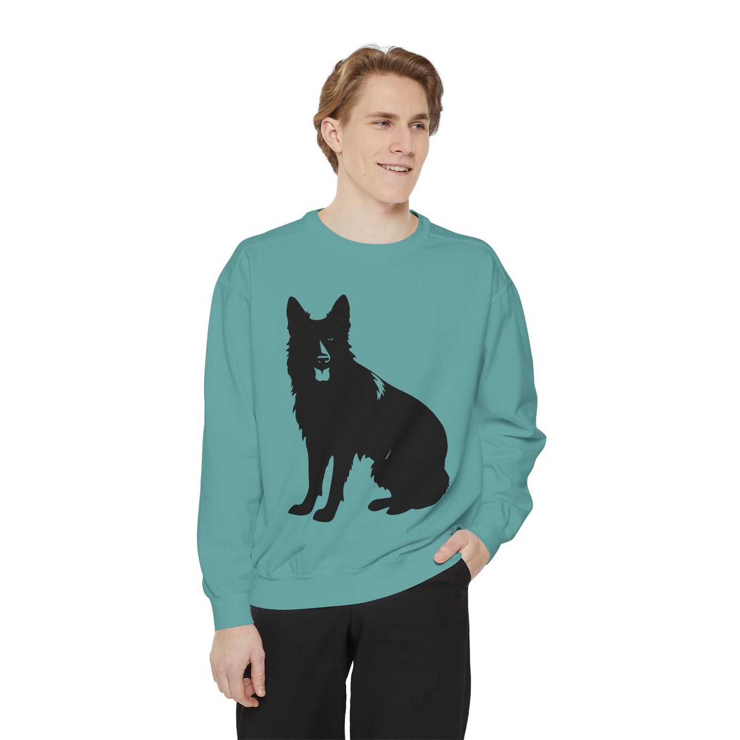 Unisex Dog Lover Sweatshirt With Graphic of Black German Shepherd With Hanging Tongue Sloppily Sitting