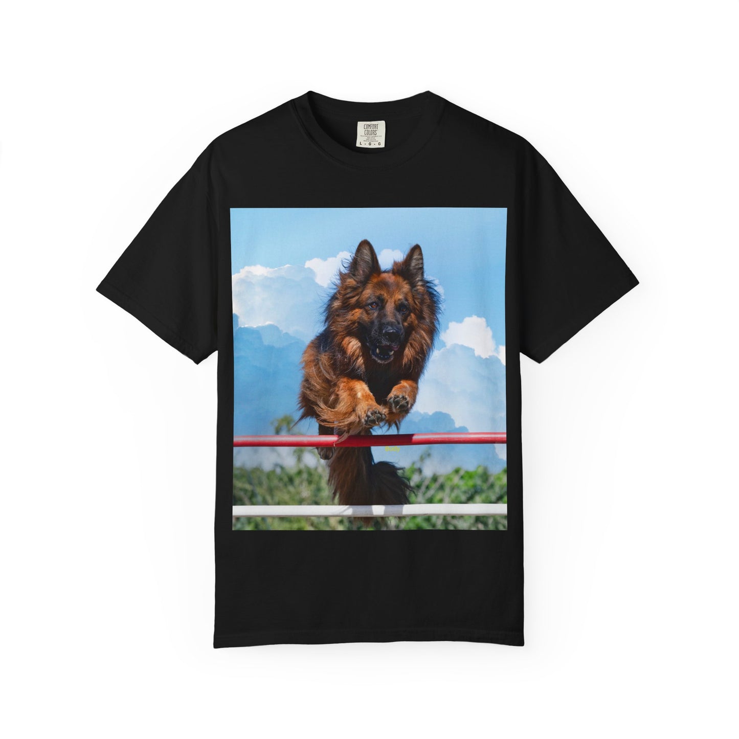 Unisex Dog Lovers T-Shirt Featuring a German Shepherd Jumping An Agility Fence