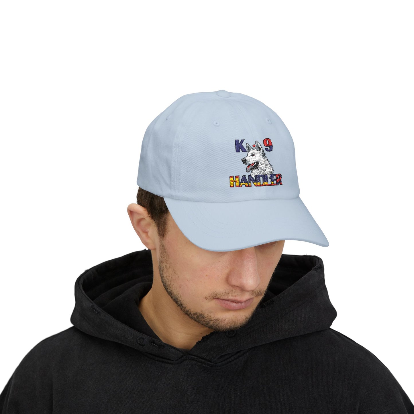 Embroidered Police Themed K9 Handler Classic Dad Cap Featuring a White German Shepherd