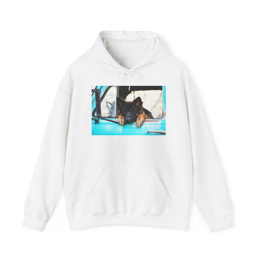 Unisex Dog Lover Hoodie With German Shepherd Puppy Putting His Head and Front Legs On The Truck Seat's Window