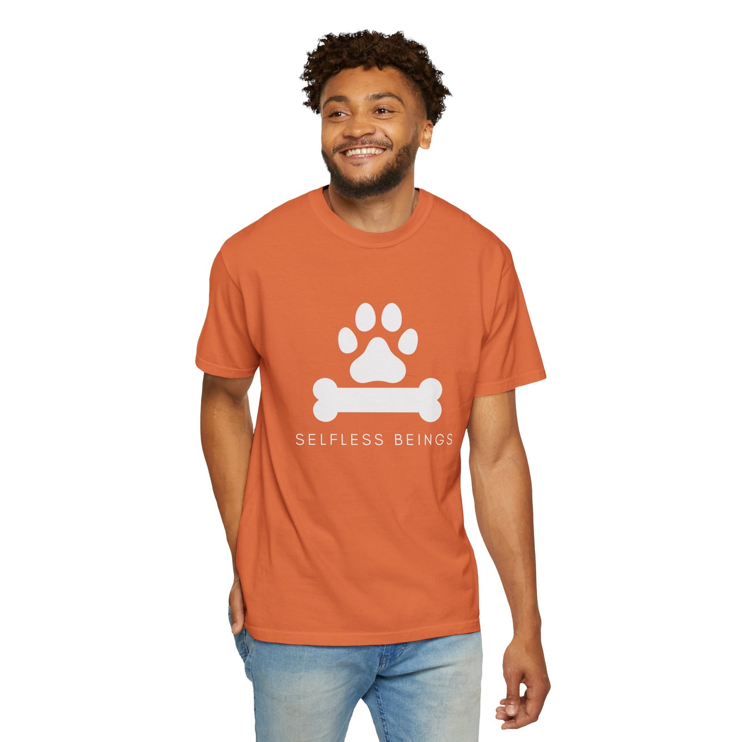 Unisex Dog Lover T-Shirt With Graphic of Dog Bone and Paw and Caption Selfless Beings