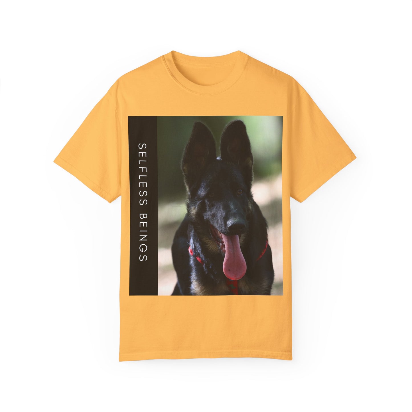Unisex Dog Lover T-Shirt With Close Up Portrait of Slim German Shepherd Leaving His Tongue Out and Caption Selfless Beings