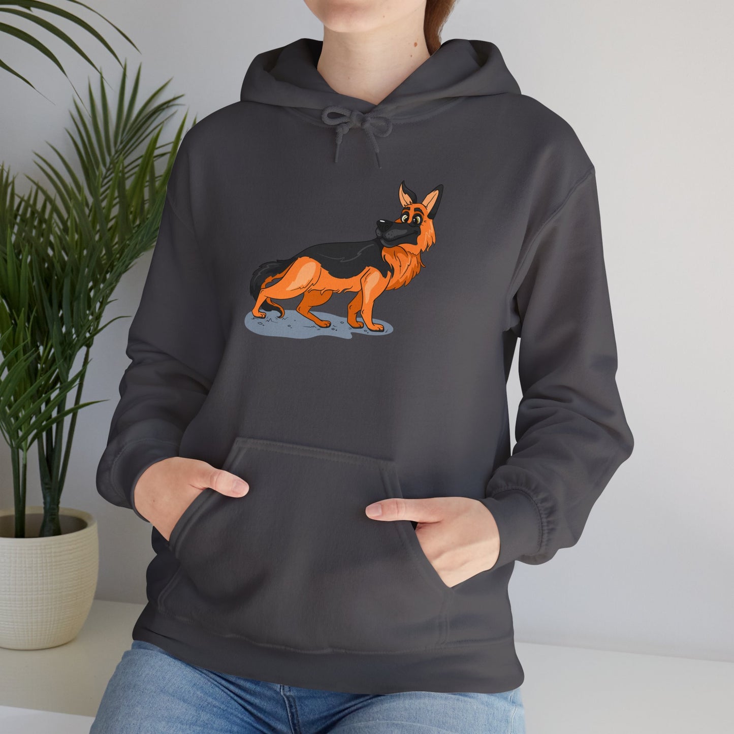 Unisex Dog Lover Hoodie With a Cartoon of Astonished German Shepherd Turning His Head