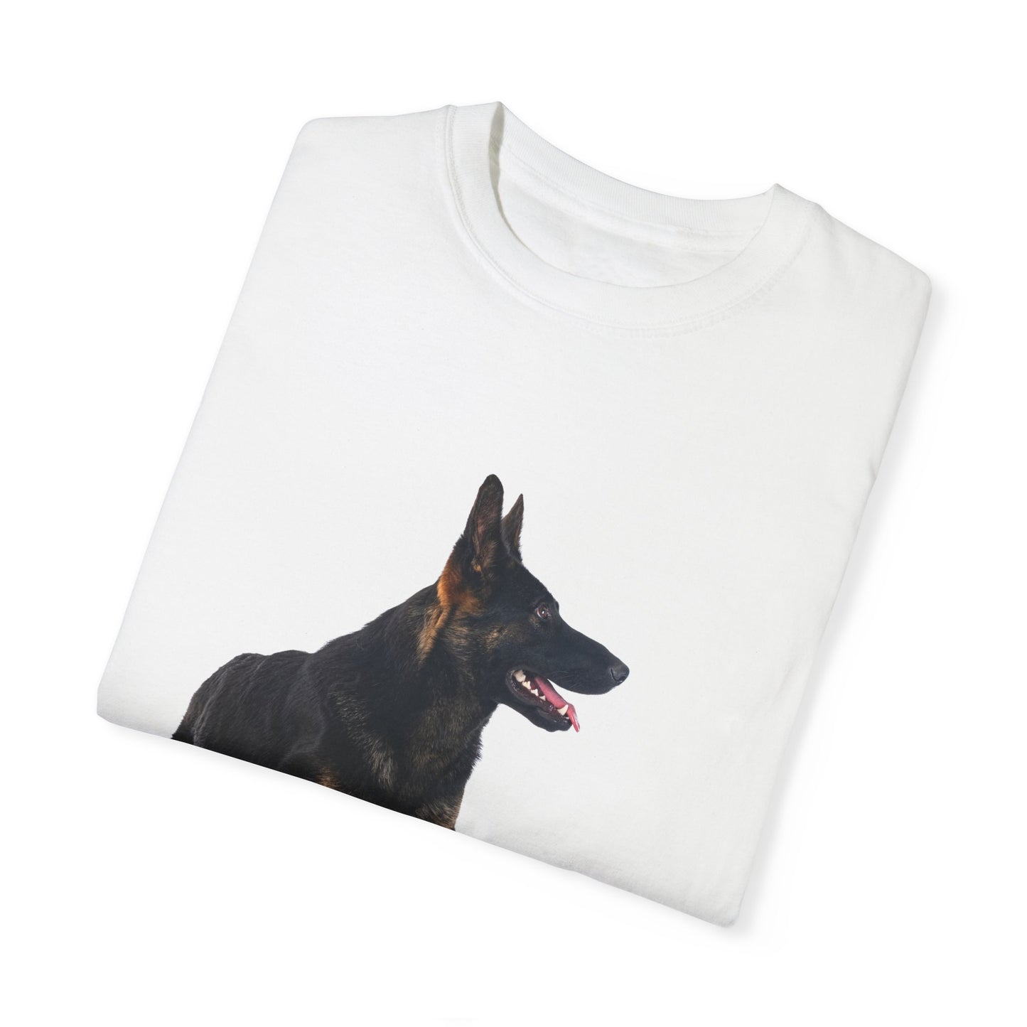 Unisex Dog Lover T-Shirt With a German Shepherd Sitting for a Pose and Caption Selfless Beings