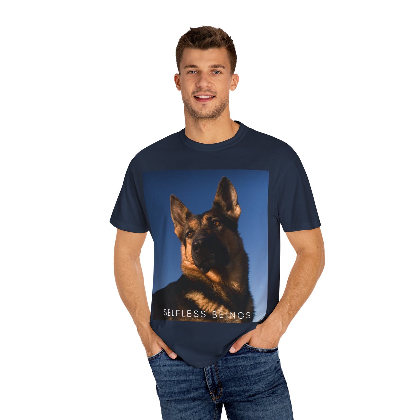 Unisex Dog Lover T-shirt With Close Up Portrait of Giant German Shepherd Turning His Head and Caption Selfless Beings