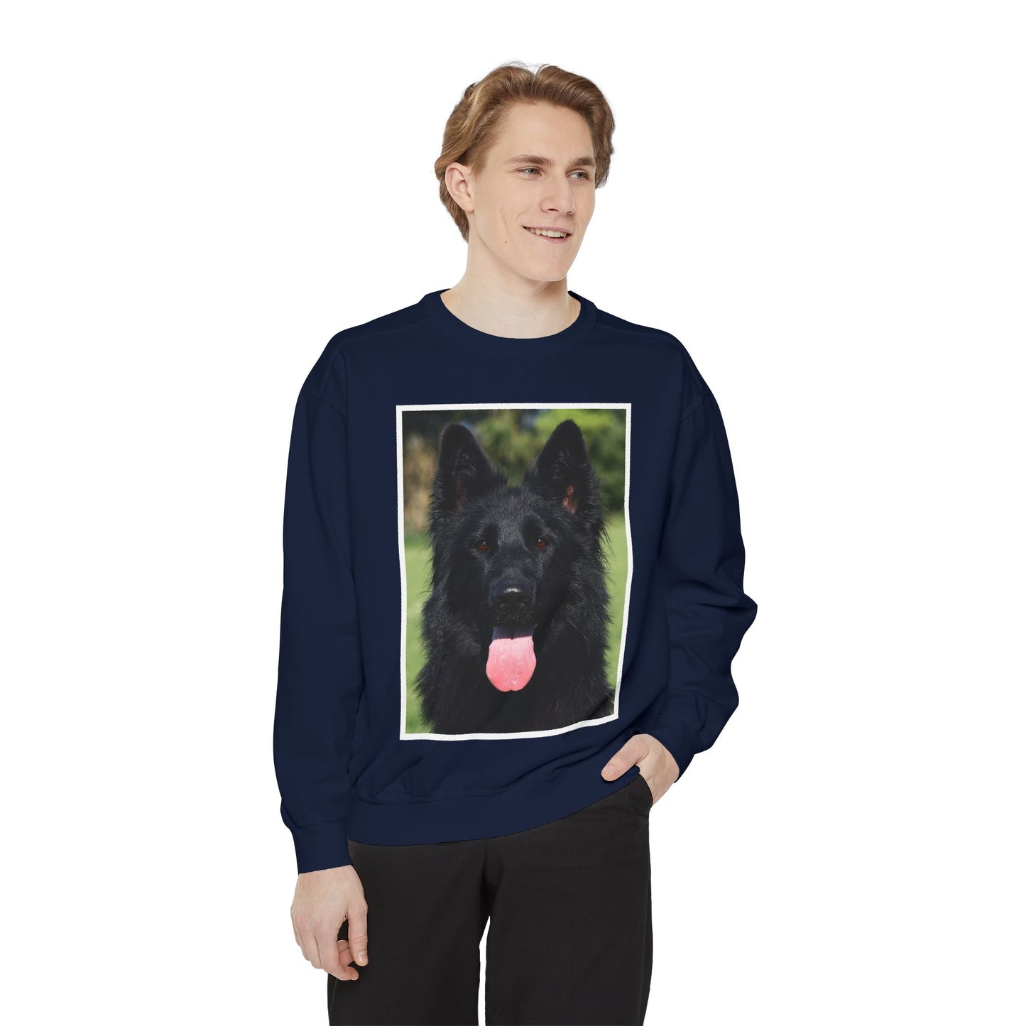 Unisex Dog Lover Sweatshirt With a Close Up of Solid Black German Shepherd Leaving Hanging Tongue