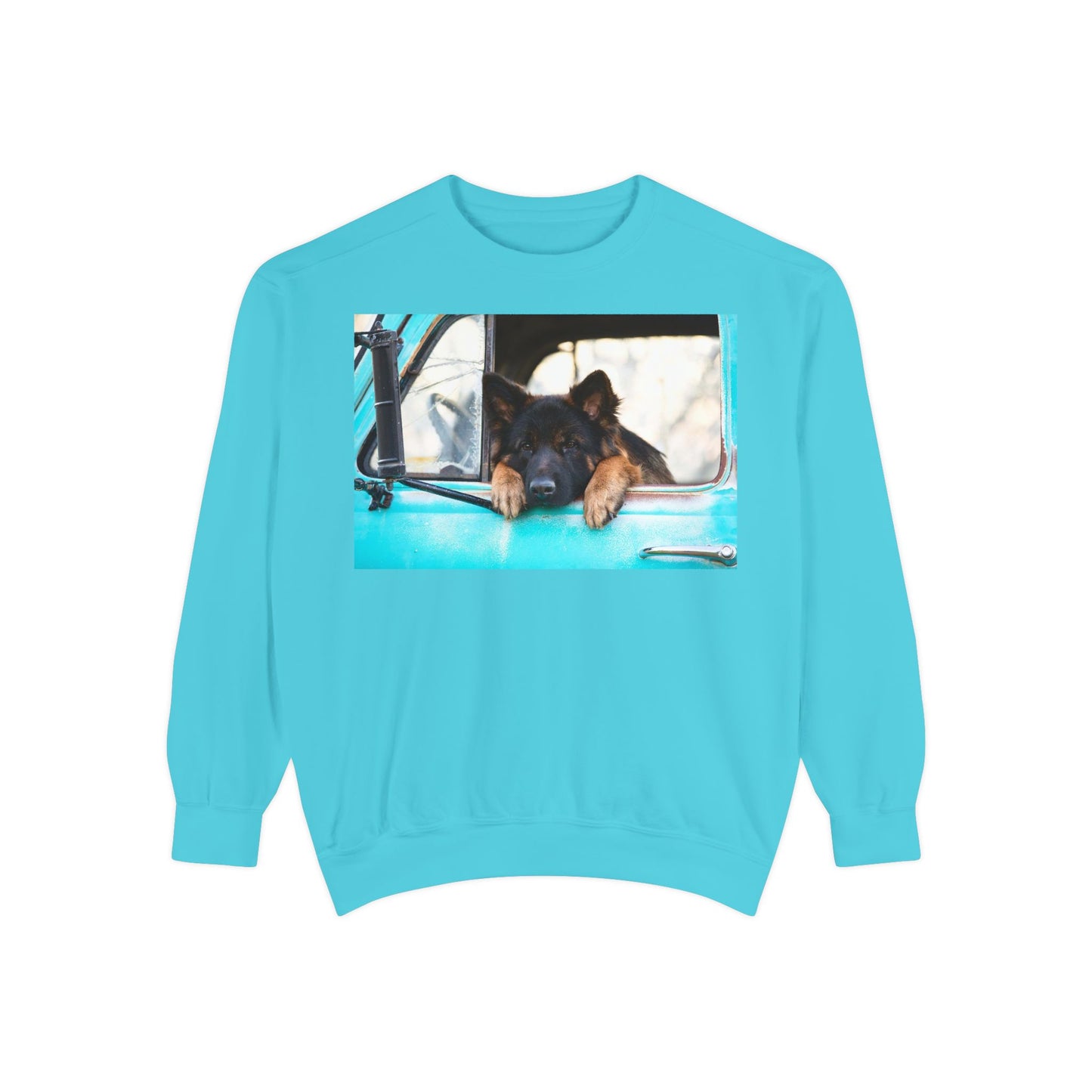 Unisex Dog Lover Sweatshirt With a German Shepherd Puppy Putting His Head and Front Legs On The Truck Seat's Window