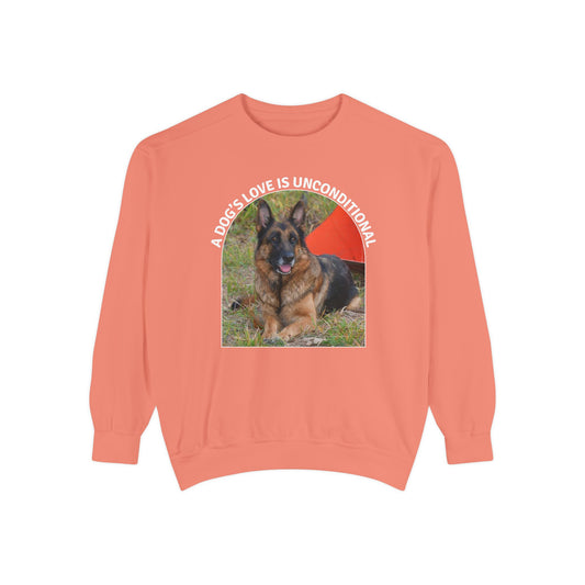 Unisex Dog Lover Sweatshirt With a German Shepherd and Caption Dog's Love is Unconditional