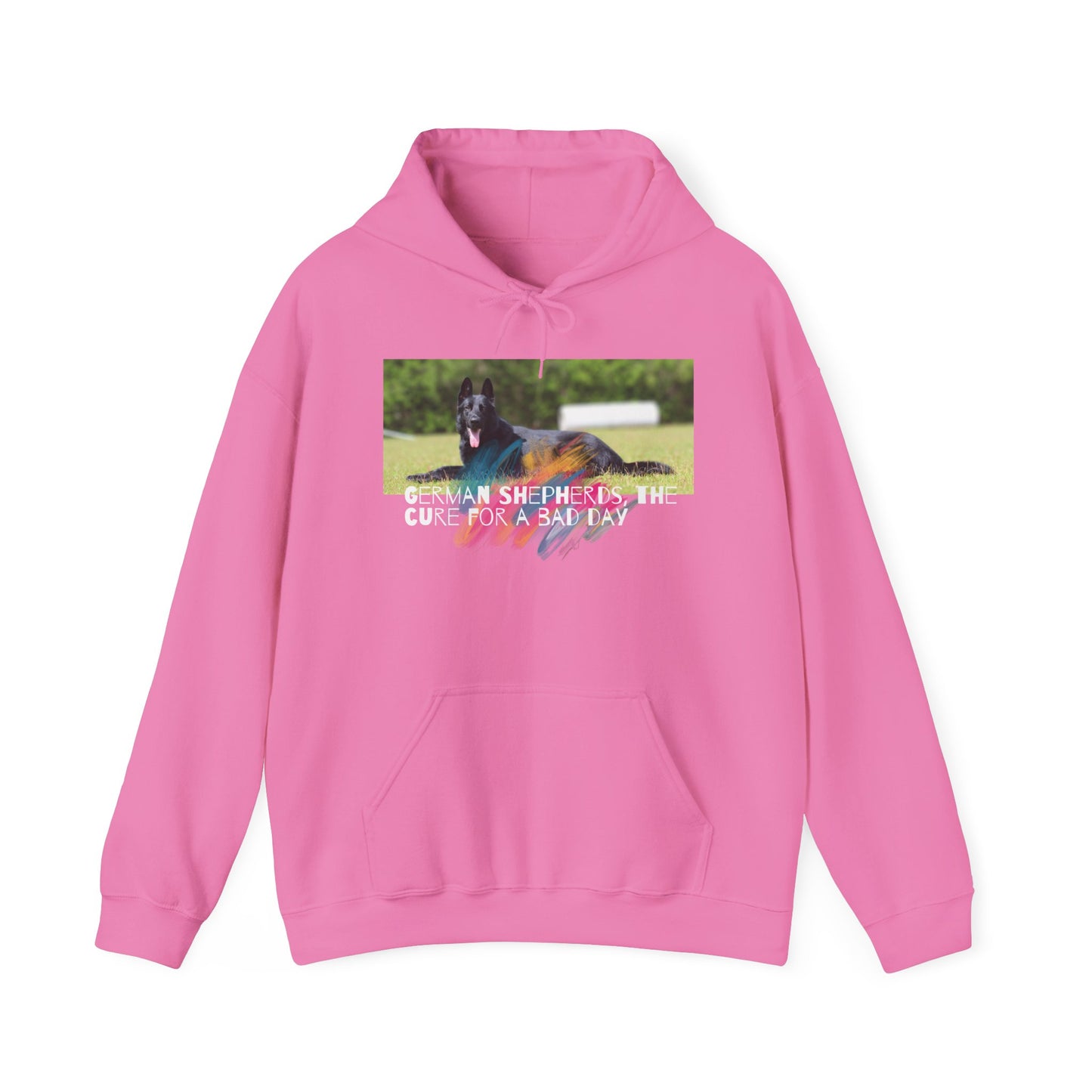 Unisex Dog Lover Hoodie With a Black German Shepherd Leaving Tongue Out and Caption The Cure for Bad Day