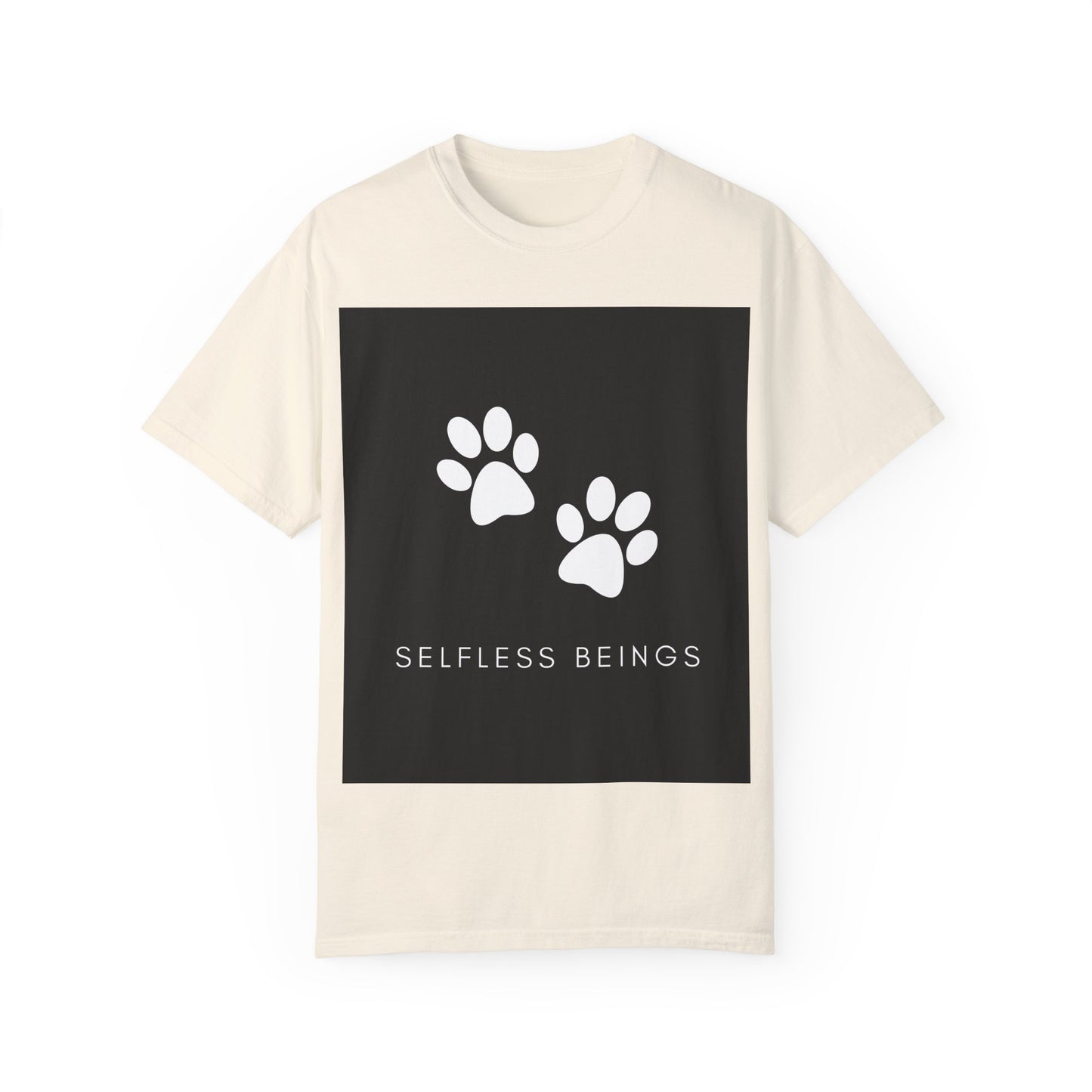 Unisex Dog Lover T-Shirt With White Dog Paw Prints and Caption Selfless Beings