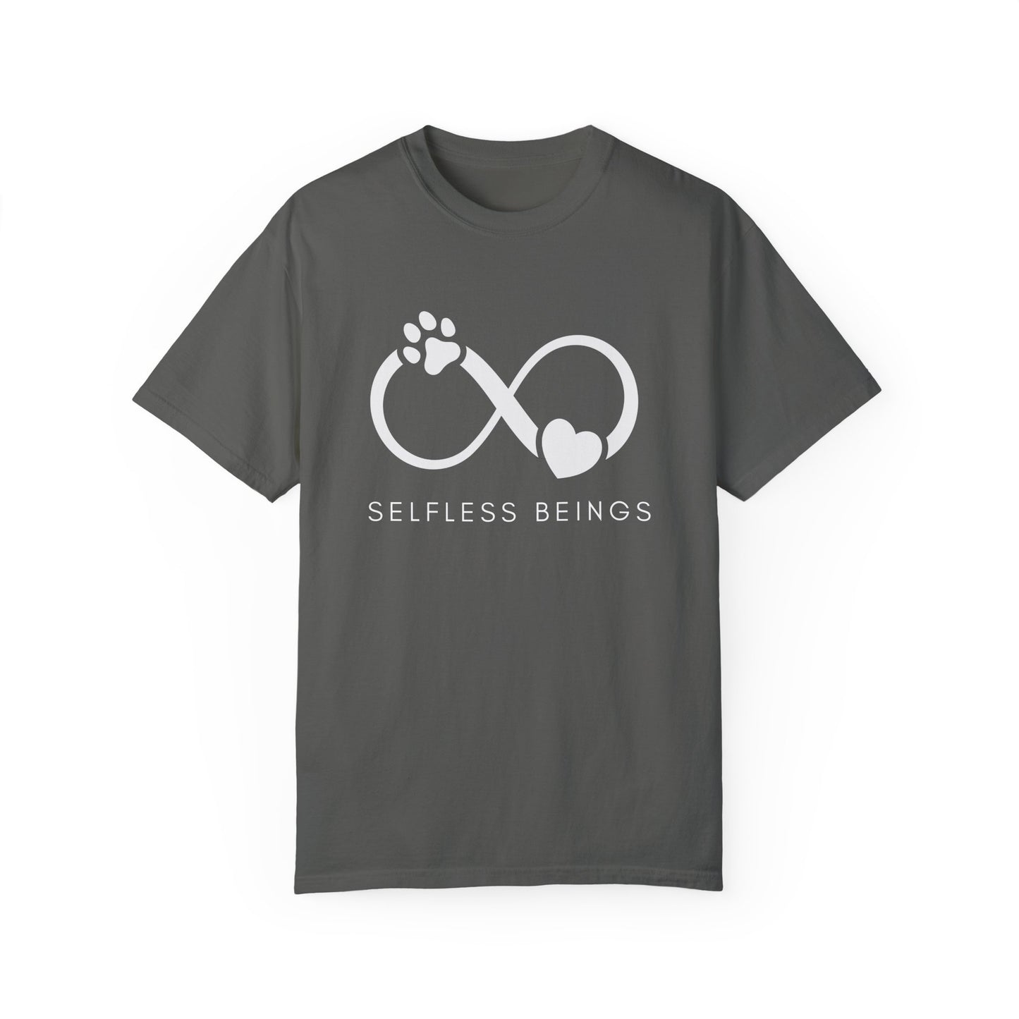 Unisex Dog Lover T-Shirt With Paw Print and Heart on Infinity Symbol and Caption Selfless Beings Below