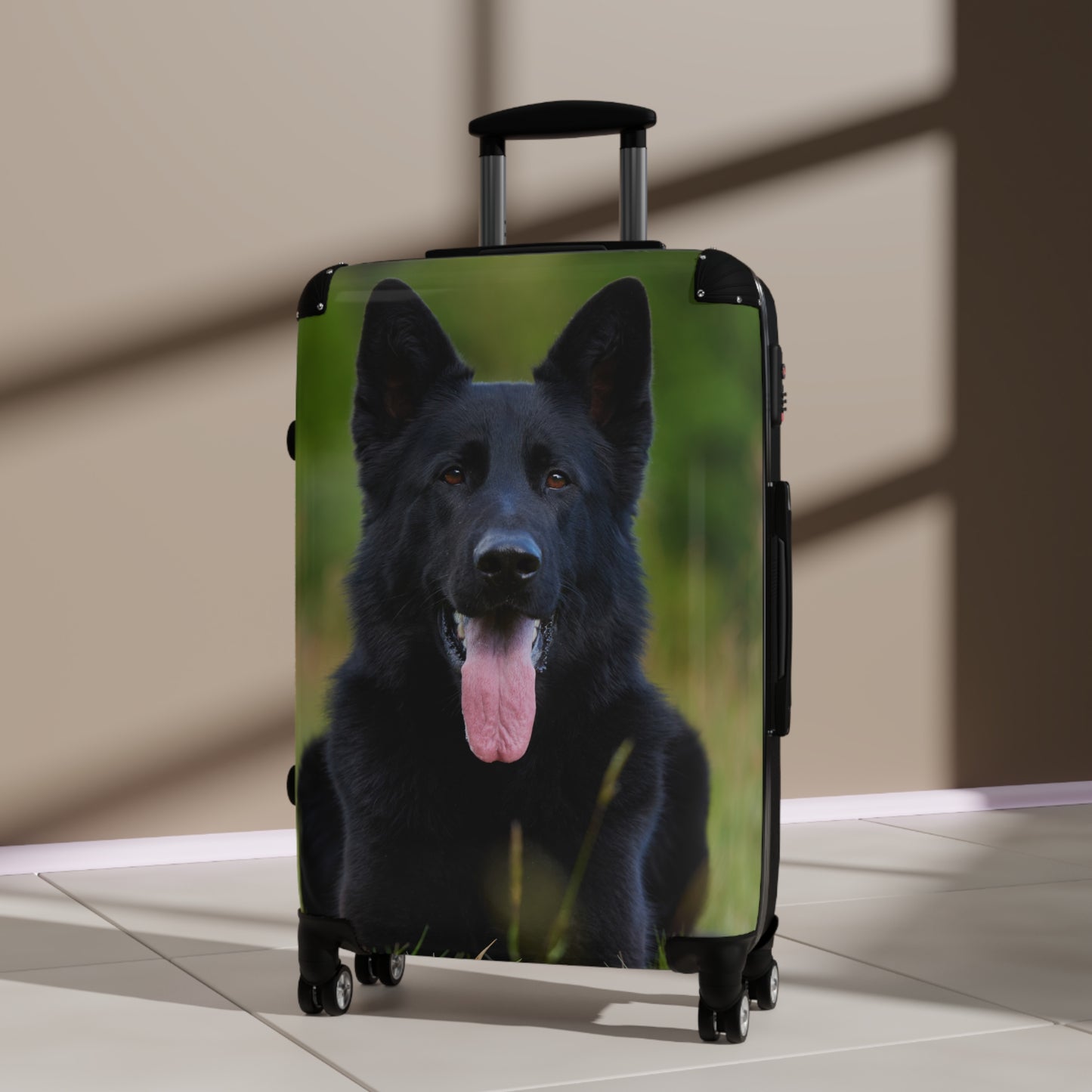 Personalized Dog-Themed Suitcase Featuring Black German Shepherd Resting on the Grass Leaving Tongue Out
