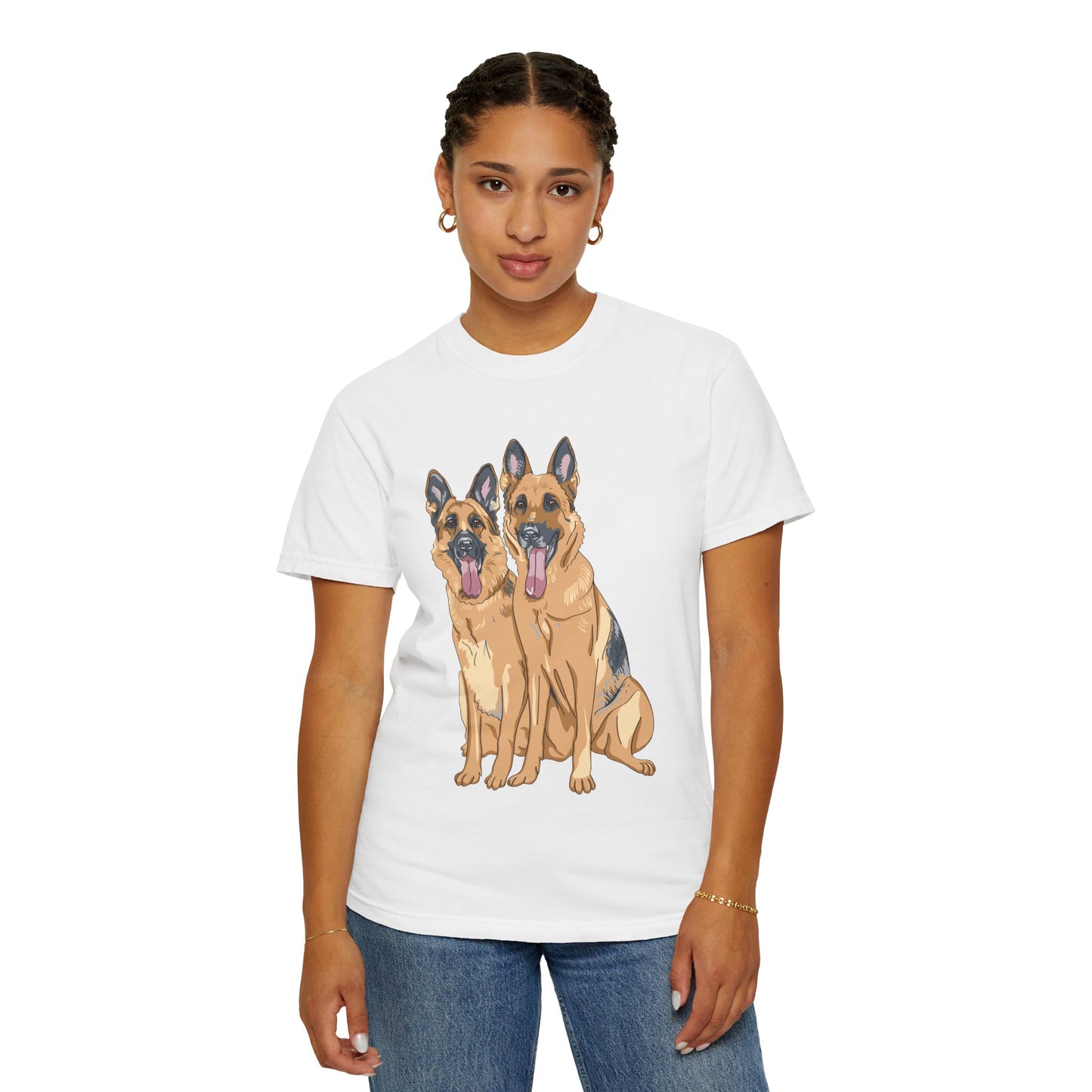 Unisex T-Shirt With Graphic of Two German Shepherds Sloppily Sitting Leaving Tongue Out