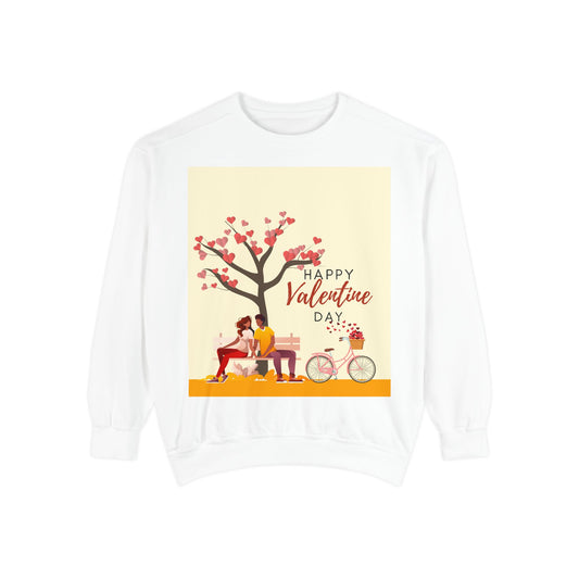 Unisex Valentine's Day Sweatshirt With Art Showing Couple Sitting on a Bench Under the Tree and Caption Happy Valentine's Day
