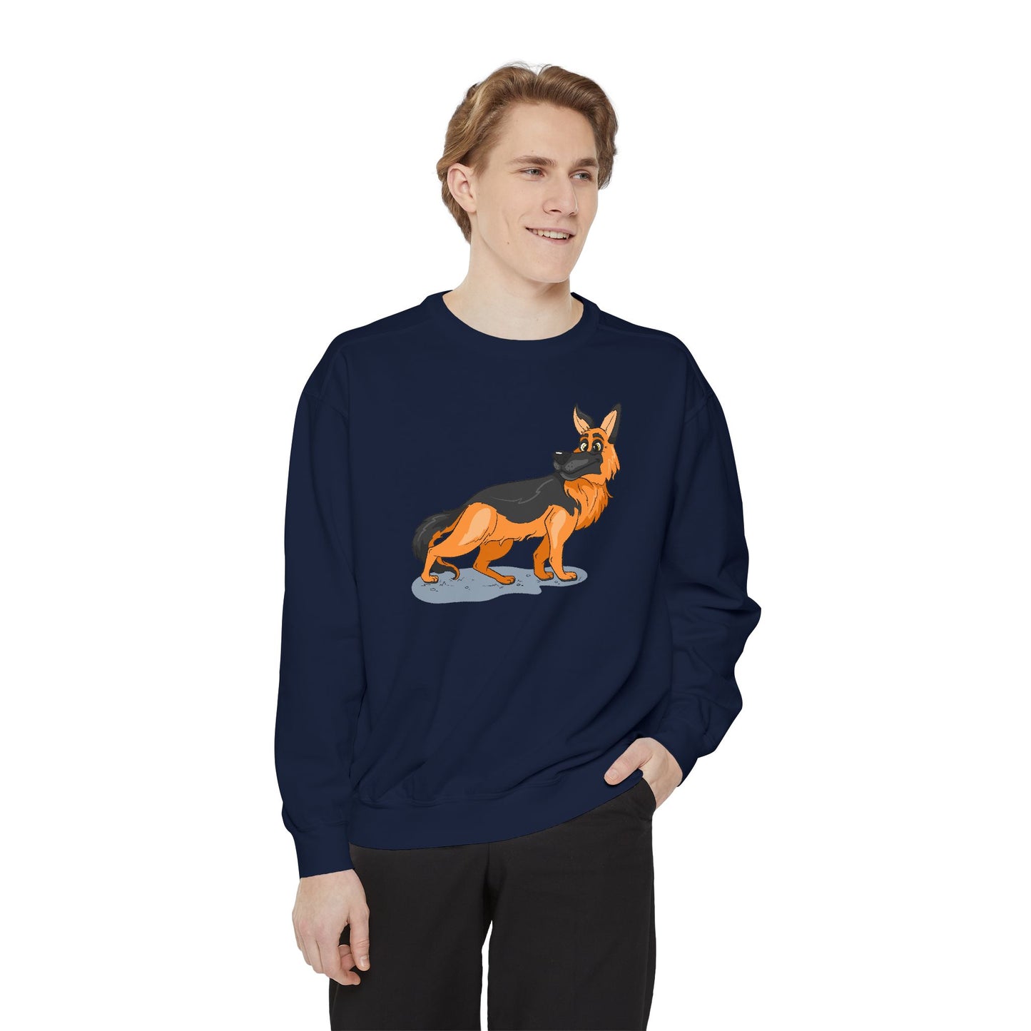 Unisex Dog Lover Sweatshirt With a Cartoon of Astonished German Shepherd Turning His Head