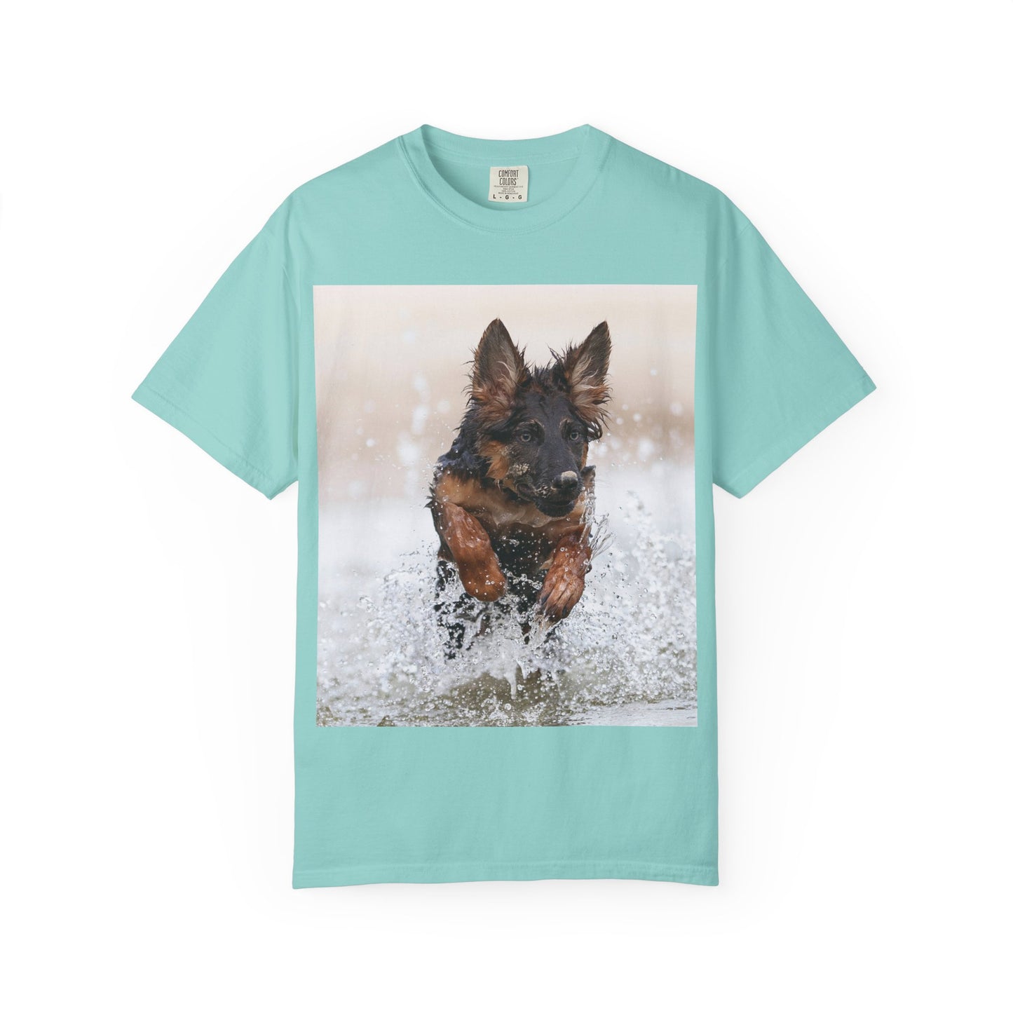 Unisex Dog Lover T-Shirt Featuring a German Shepherd Puppy Jumping In The Water