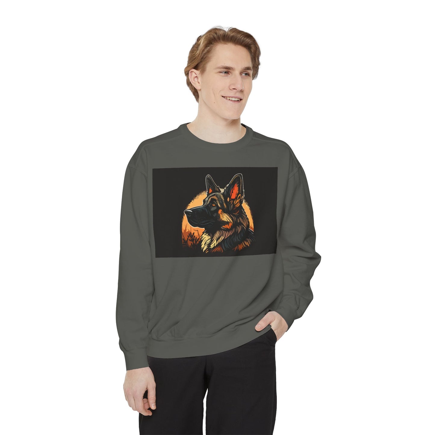 Unisex Dog Lover Sweatshirt With a Close Up Graphic of a German Shepherd In Front of Moon