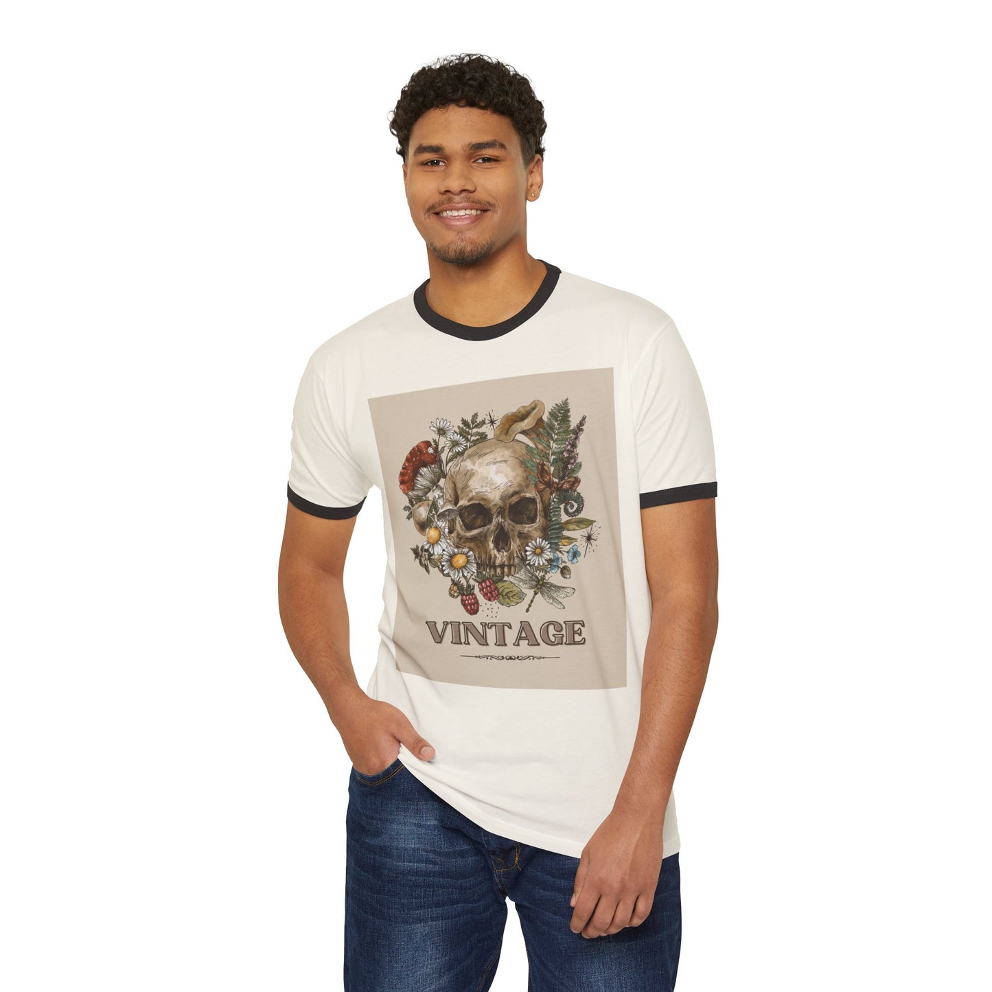 Vintage-Inspired Skull Ringer T-Shirt, Unisex Tee, Boho Style Shirt, Retro Graphic Top, Unique Gift for Halloween, Nature Lovers Apparel