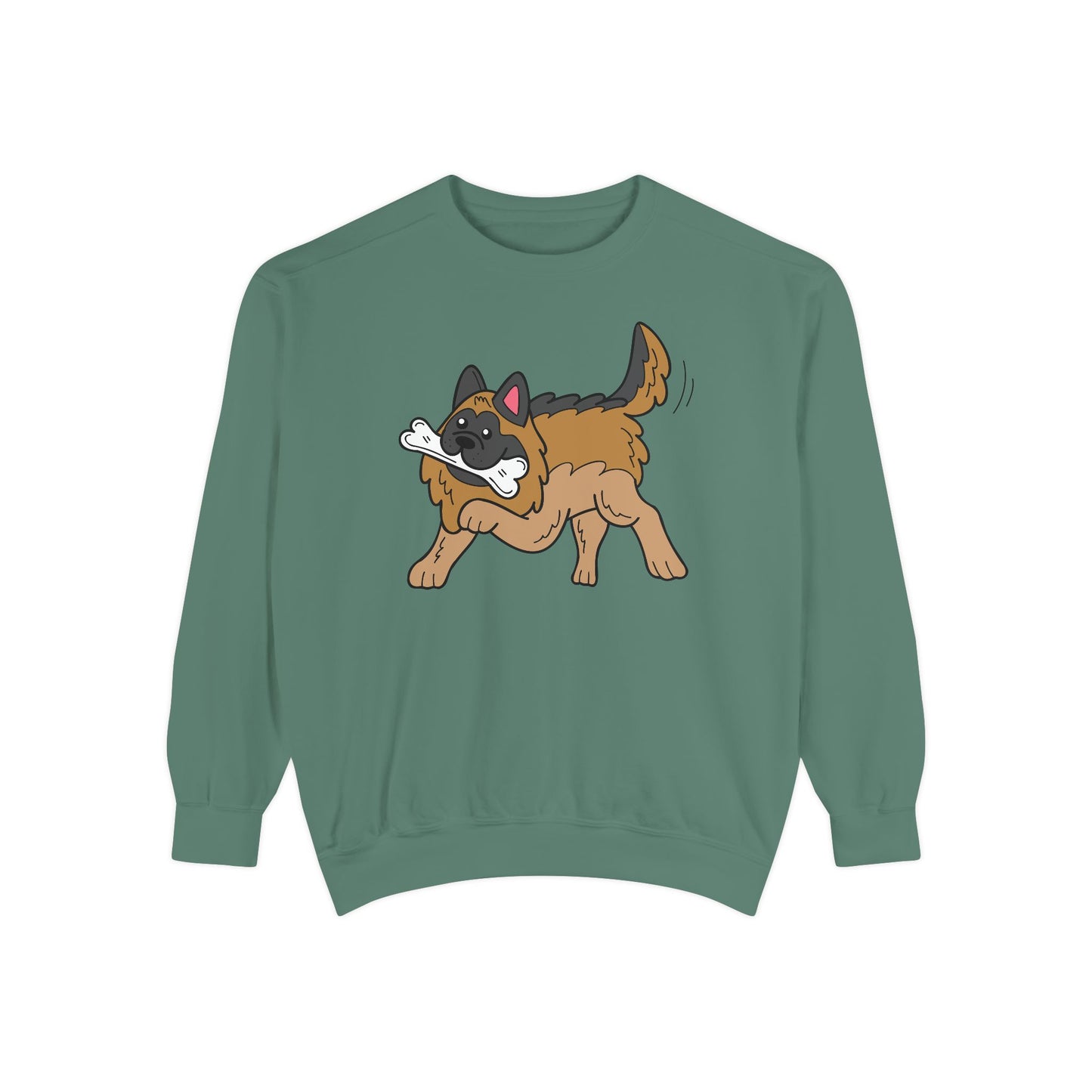 Unisex Dog Lover Sweatshirt With a Graphic of a German Shepherd Holding a White Bone in Mouth