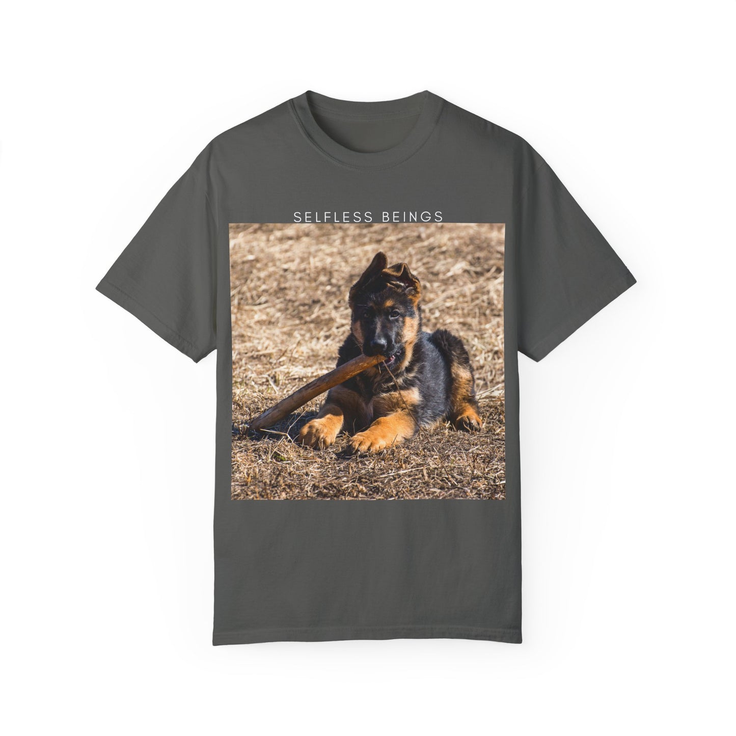 Unisex Dog Lover T-Shirt With a German Shepherd Puppy Playing With Wooden Stick on Dry Grass and Caption Selfless Beings