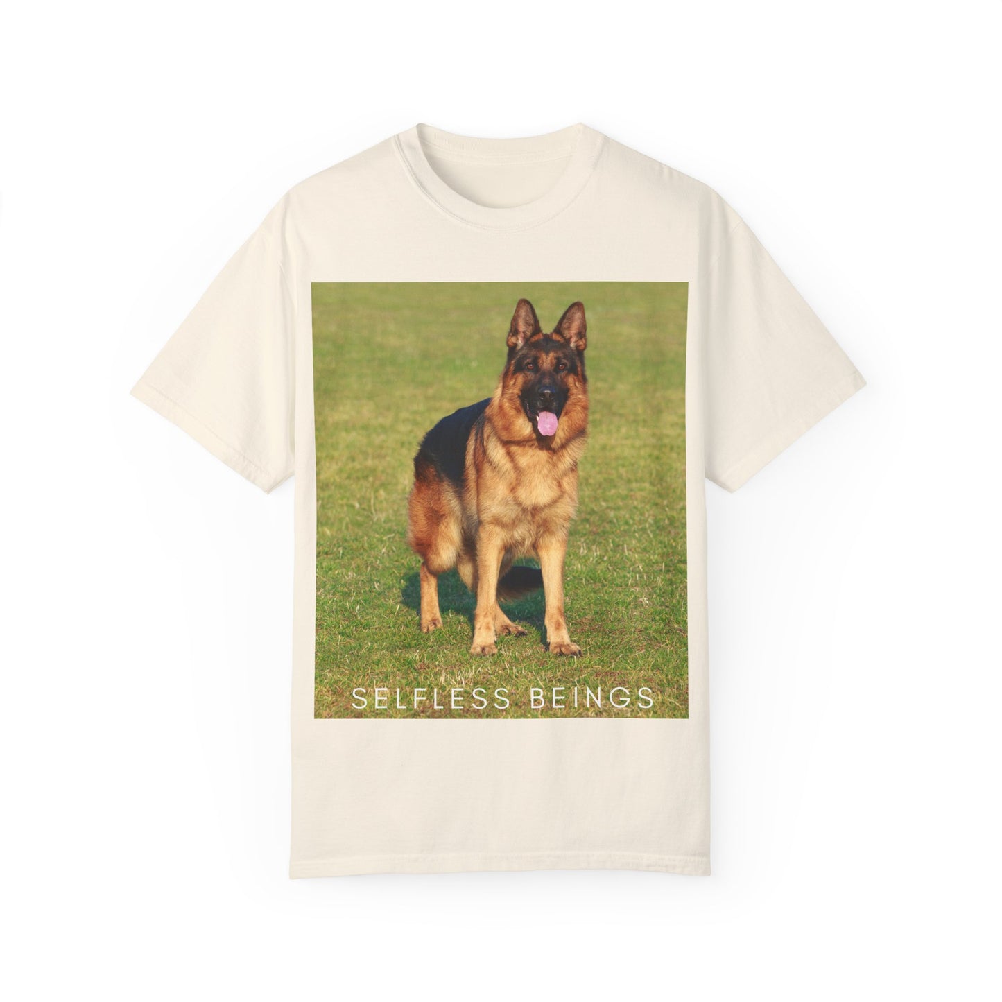 Unisex Dog Lover T-shirt With a German Shepherd on the Sports Grass Field and Caption Selfless Beings
